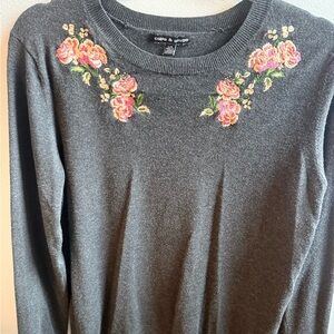 Cable & Gauge Charcoal Sweater with Pink Rose Embroidery